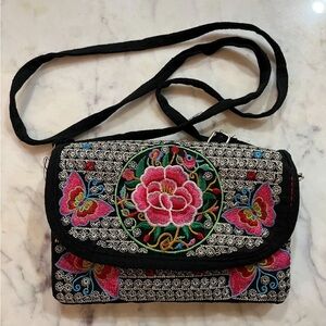 Floral Embroidered Crossbody Bag - Black and Pink